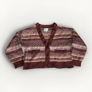 Pink Rose Fair Isle Pattern Cardigan Sweater Size L Women’s Button-Front Cropped